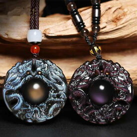 ネックレス メンズ 黒曜石 双竜 生肖 守護 転運 金曜石 ペンダント お守り 魔除け アクセサリー