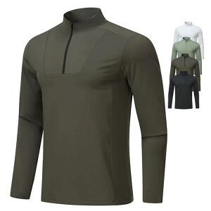 Tシャツ メンズ 男性用 長袖 ハーフジップ スポーツ 無地 カジュアル ウェア トップス ランニング トレーニング 運動着 ポリエステル混紡 黒 グレー 緑 春秋(x2)