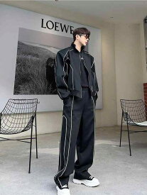 メンズ ジャージ セットアップ ジャケット ワイドレッグパンツ 上下 2点セット 部屋着 普段使い 春秋 ポリエステル ブラック ホワイト
