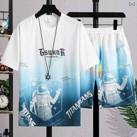 セットアップ メンズ 男性用 2点セット Tシャツ ショートパンツ グラデーション ポリエステル 薄手 接触冷感 通気性 普段使い ルームウェア ブルー グレー グリーン オレンジ M L XL 2XL 3XL 4XL 5XL