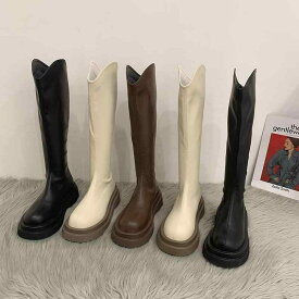 ブーツ レディース 厚底 筒高ブーツ チャンキーヒール フラットヒール スタイルアップ 美脚効果 カジュアル 普段使い 防水 ブラック 黒 アイボリー