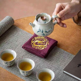 茶巾 綿麻 吸水 茶道具 茶道 祥龍柄 茶席 茶卓 禅意 断熱 棗色 杏色 深緑