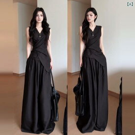 10日間の 女王は 黒い ドレスの 女性 夏 ノースリーブ ウエスト スリム スーツ ロング スカート フレンチエレガントな大人の女性コーディネート