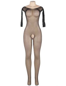 ボディストッキング 大きいサイズM-3XL セクシーランジェリー 下着 ラインストーン 長袖 黒