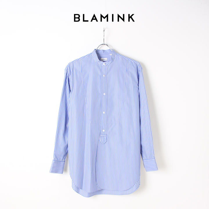 最新コレックション 一番の BLAMINK ブラミンク ストライプバンドカラーシャツ{7911-230-0092-BLU-BJS}