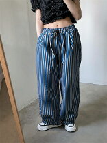 楽天市場】ストライプ ワイド パンツ（カラーブルー）（パンツ 