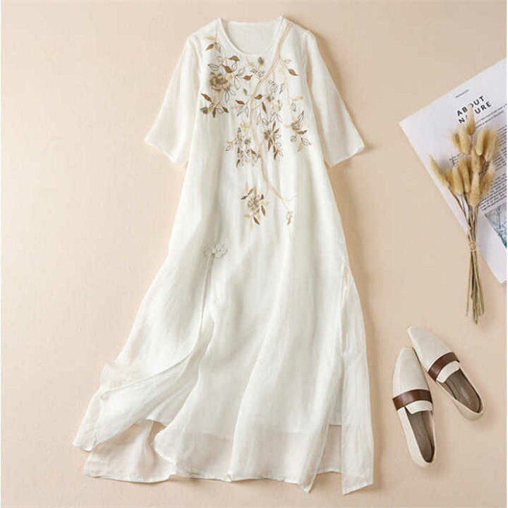 楽天市場】ワンピース レディース ロングワンピース 刺繍 花柄 綿麻  