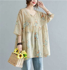 Tシャツ tシャツ ブラウス シャツ レディース トップス 七分袖 薄手 Vネック 花柄 プリント プルオーバー デザイン感 ゆったり 春 夏 着痩せ おしゃれ エレガント レトロ 大きいサイズ オフィス 通勤 OL 着回し 体型カバー 大人 可愛い 20代 30代 40代 50代 送料無料