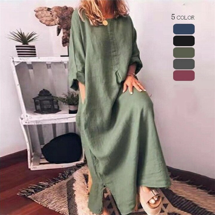 楽天市場 ワンピース ロングワンピース ロングワンピ レディース ロング丈 マキシ丈 綿麻調 ゆるっとワンピース 長袖 Aライン 無地 ゆったり おしゃれ きれいめ 体型カバー シンプル 着痩せ 大きいサイズ リラックス 春 夏 秋 送料無料 Misskirt