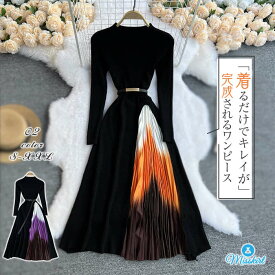 プリーツワンピース ニット ワンピース 長袖 春 秋 秋服 ロング ワンピース プリーツ ワンピ レディース ドレス ワンピースドレス 大きいサイズ 切り替え グラデーション ベルト付き きれいめ 上品 オフィス 通勤 結婚式 着痩せ フォーマル 30代 40代 50代 送料無料