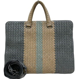 【中古】ボッテガヴェネタ　ビジネスバッグ　レザー　イントレチャート　トリコロール　グレー×ブラウン×ブルーグレー　BOTTEGA VENETA　《送料無料》