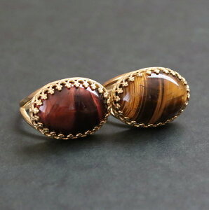 各1点もの タイガーアイ 一粒リング(レッド ・イエロー) 指輪 横 オーバル フリーサイズ 天然石アクセサリー キャンディリング ゴールド ビックストーン パワーストーン レースフレーム