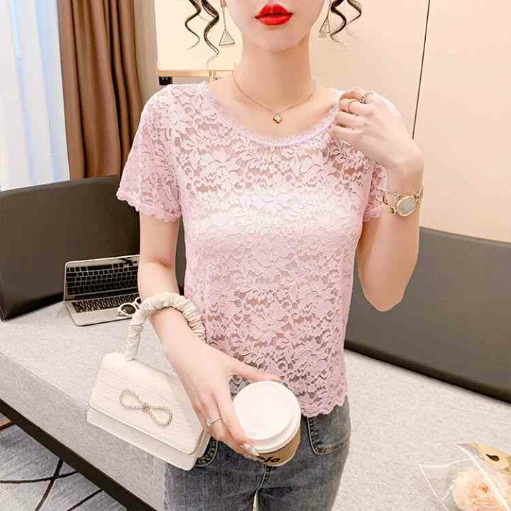 楽天市場】半袖tシャツ レーストップス レースブラウス タイト レース  