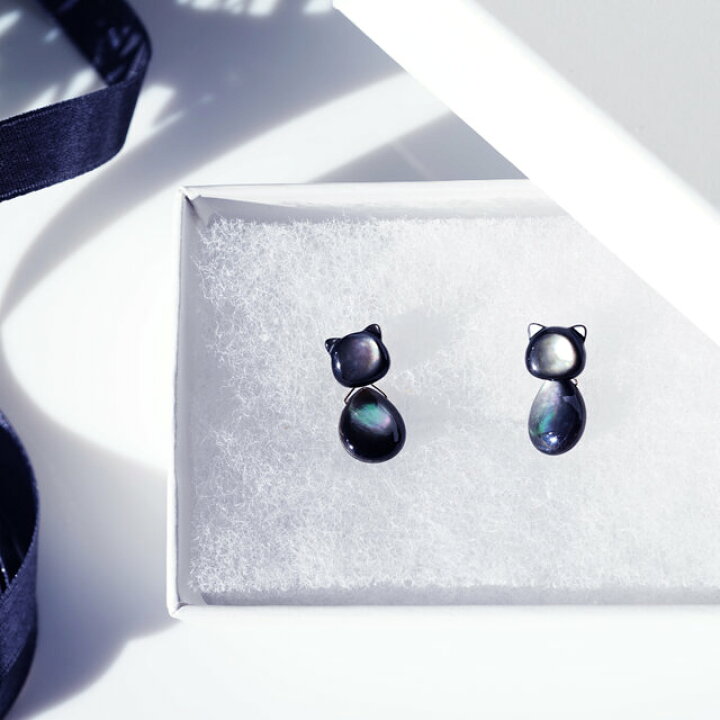 楽天市場】2WAY黒蝶貝による猫の14KGFスタッドピアス ～Chipie14KGF  