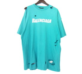 【新入荷】 バレンシアガ BALENCIAGA ■ 22AW 【 641675 TMVH3 】 ダメージ 加工 ロゴ プリント 半袖 Tシャツ ブルー サイズXXS w19168【中古】