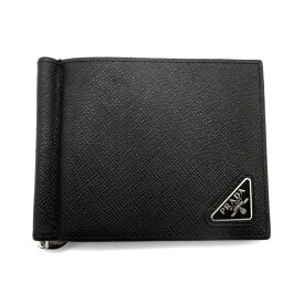 プラダ PRADA 【 2MN077 】 サフィアーノ ロゴ マネークリップ付き 二つ折り カードケース　ブラック w26201【中古】