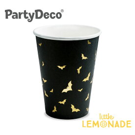 【Party Deco】 こうもり柄デザイン 黒のペーパーカップ 220ml 6個入り 紙コップ ゴールド ブラック ハロウィン テーブルウェア Cups Trick or Treat あす楽 リトルレモネード