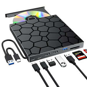 �O�t��DVD�h���C�u �w2026�N�ŐV�������f���E���@�\1��x USB3.0��Type-C ���w��CD/DVD�h���C�u �O�t�� ���^�y�ʐ݌v �ǂݏ����� Windows11/10/8/7/XP & Mac M-DISC TF/SD�J�[�h�X���b�g��USB�|�[�g���� DVD�v��