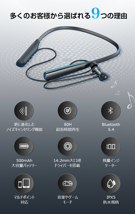 楽天市場】進化版 80H連続再生 イヤホン ワイヤレス ネックバンド型 