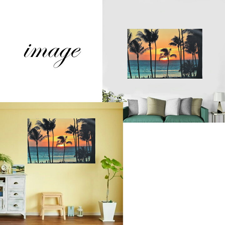 楽天市場 インテリア タペストリー ハワイ ヤシの木 海 夏 南国 太陽 夕日 夕焼け リゾート ビーチ 季節 ポスター テレワーク 背景 リモートワーク 大きい 壁 布 目隠し ファブリックポスター 部屋 飾り おしゃれ Zoom 背景 映え 写真撮影 植物 砂浜 波打ち際