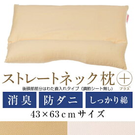 ストレートネック 枕 プラス 43 × 63 cm 肩こり 首こり 矯正 首枕 洗える 高さ調整 日本製 防ダニわた 炭パイプ 綿ツイル