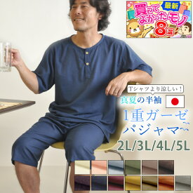 1重ガーゼ パジャマ メンズ 夏 春 綿 コットン ひとえガーゼ 和晒 ヘンリーネック かぶり 半袖 半ズボン 上下セット 通気性 吸水性 涼しい 軽量 全16色 大きいサイズ 大きめ 2L/3L/4L/5L 日本製 敬老 ギフト 送料無料 岩本繊維 7100pj007