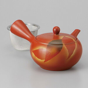 常滑焼 朱泥カゴ平型木の葉急須(U) 17×15×8cm 350cc