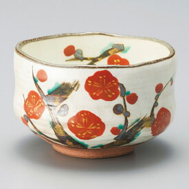 美濃焼 抹茶碗 粉引手描紅梅抹茶碗 12.6×8.2cm