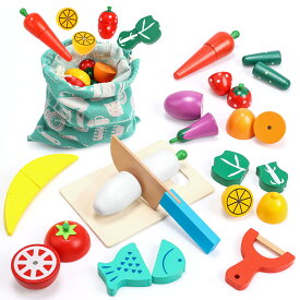 【スーパーセール限定】おままごと フルーツ野菜セット 木製 15pcs 木のおもちゃ マグネット 磁石 切れる まな板 包丁 ナイフ 収納袋付きままごとセット おもちゃ 安心安全 知育玩具 食育教育 キッチン 幼児 プレゼント 1年保証