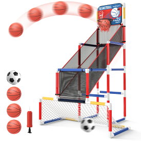 【スーパーセール限定】バスケット サッカーボール 輪投げ 2in1 バスケットゴール 子供 組み立て簡単 自動採点 音声機能 バスケットゴール 室内 子供用室内バスケットゴール バスケットボール/サッカー付 トレーニング 誕生日 プレゼント