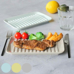 プレート 21.5cm 角皿 肉皿 saraet 磁器 ( 食洗機対応 電子レンジ対応 焼肉皿 しゃぶしゃぶ皿 刺身皿 四角 レクタングル スリット デコボコ ヘルシー 油 流れる 肉 揚げ物 健康的 パッケージ入り