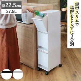 ゴミ箱 37.5L 3段 資源ゴミ分別 キッチン （ ごみ箱 37.5リットル 3分別 フラップ ふた付き 縦型 スリム 幅22.5cm 隙間 収納棚 ストッカー ダストボックス 引き出し フラップ棚 分別ゴミ箱 キャスター付き 収納 ）
