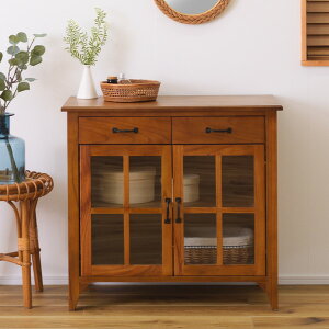 キャビネット 両開き 引出し付 天然木 エスニック調 Timber 幅80cm ( 送料無料 リビング収納 食器棚 収納 キッチン 飾り棚 完成品 キッチンキャビネット レトロ ガラス扉 ブラウン おしゃれ )