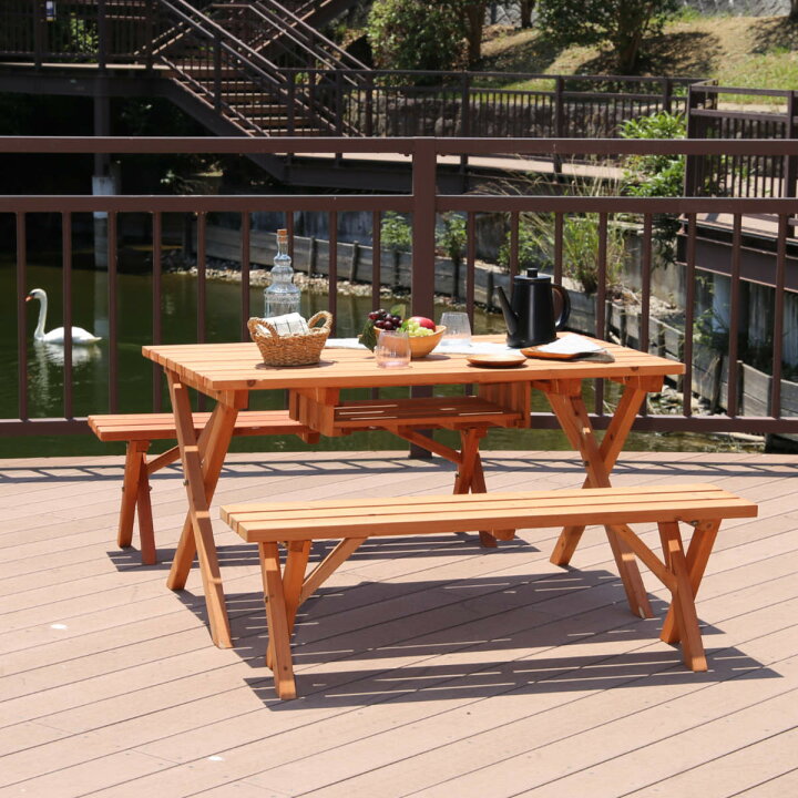 楽天市場】ガーデンテーブル 3点セット 杉材 BBQテーブル＆ベンチ 