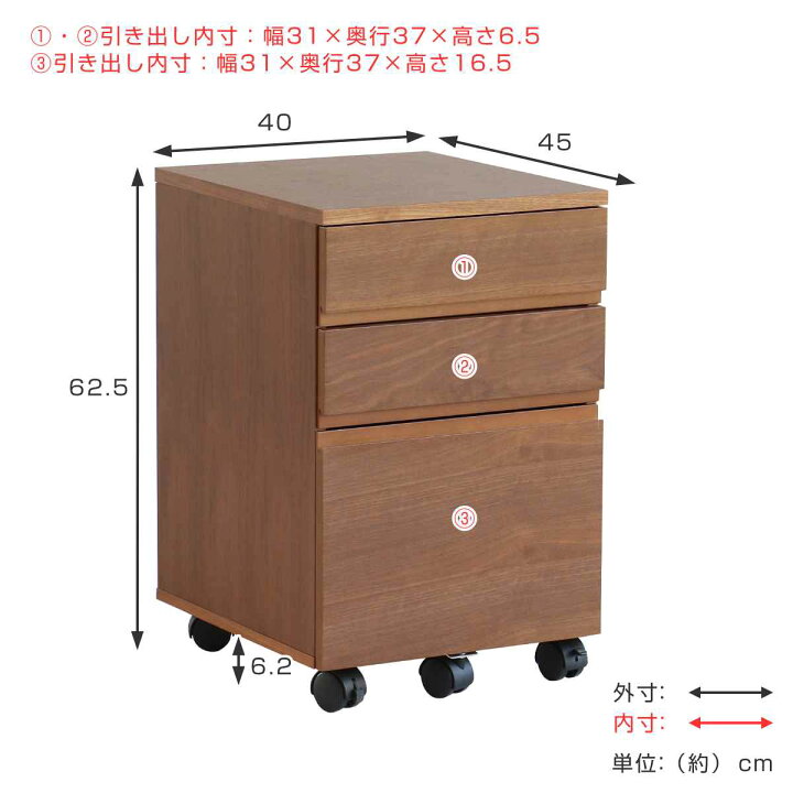 楽天市場】デスクワゴン ウォールナット 幅40cm 木製 3段 （ 送料無料 