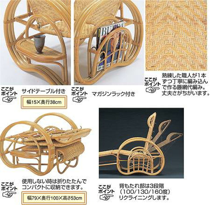 楽天市場】ラタンチェア 三つ折り寝椅子 リクライニングチェア ラック  