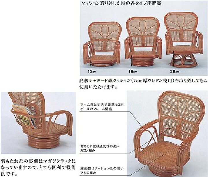 楽天市場】回転座椅子 ラタンチェア ハイバック 籐家具 座面高35cm 