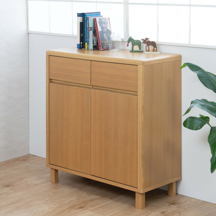 楽天市場】キャビネット 両開き 引出し付 天然木 タモ材 幅75cm 
