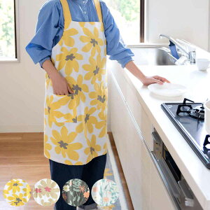 エプロン ラ・エミーズ クッカ ボタニカル 井上絵美 ( LA AMYS キッチンエプロン 台所エプロン バッククロス フリークロス 綿100% ポケット付き 胸当てエプロン かぶるだけ たすき掛け 大人用