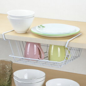 キッチンバスケット キッチンスマイル ハンガーバスケット （ 戸棚収納 吊り戸棚収納 収納ラック 食器棚収納 吊戸棚 戸棚 浮かせて収納 吊り下げ 皿収納 食器 食品 カップ 食器棚 収納 ワイヤーラック 白 ）
