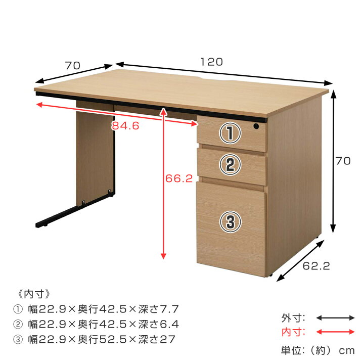 楽天市場】ワークデスク 幅120×奥行70cm 片袖机 メラミン 鍵付き 