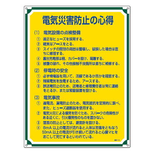 管理標識板 「電気災害防止の心得」 60x45cm 両面テープ6枚付 ( 看板 訓示 パネル 標識板 標識 注意喚起 標語 注意 喚起 標示看板 案内板 両面テープ ネジ 壁 安全用品 業務用品 )