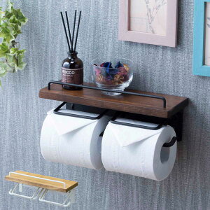 トイレットペーパーホルダー 棚付 天然木 ダブルタイプ 幅27.5cm ダークブラウン ( ペーパーホルダー トイレットペーパー ダブル 2連 棚 棚付き 小物置き トイレ ペーパー収納 ホルダー ペー