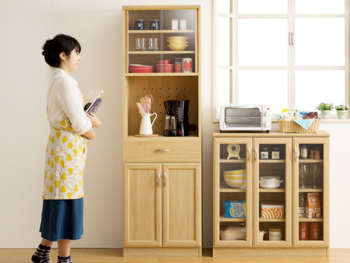楽天市場】ガラスキャビネット カップボード 3枚扉 ナチュラル調 