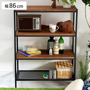 オープンラック 4段 奥行38cm 天然木 BRICK ( ラック シェルフ 棚 収納 スチール 木製 可動棚 ディスプレイ リビング 家具 四段 ブラックスチール A4 )