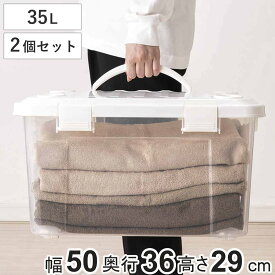 収納ボックス 幅50×奥行36×高さ29cm フタ付き 持ち手付き プラスチック 2個セット （ 収納ケース 収納 衣類 小物 キャスター付き 片開き ロック式 積み重ね 持ち運び フタ 持ち手 付き 防災グッズ 食品 日用品 ストック おもちゃ ）