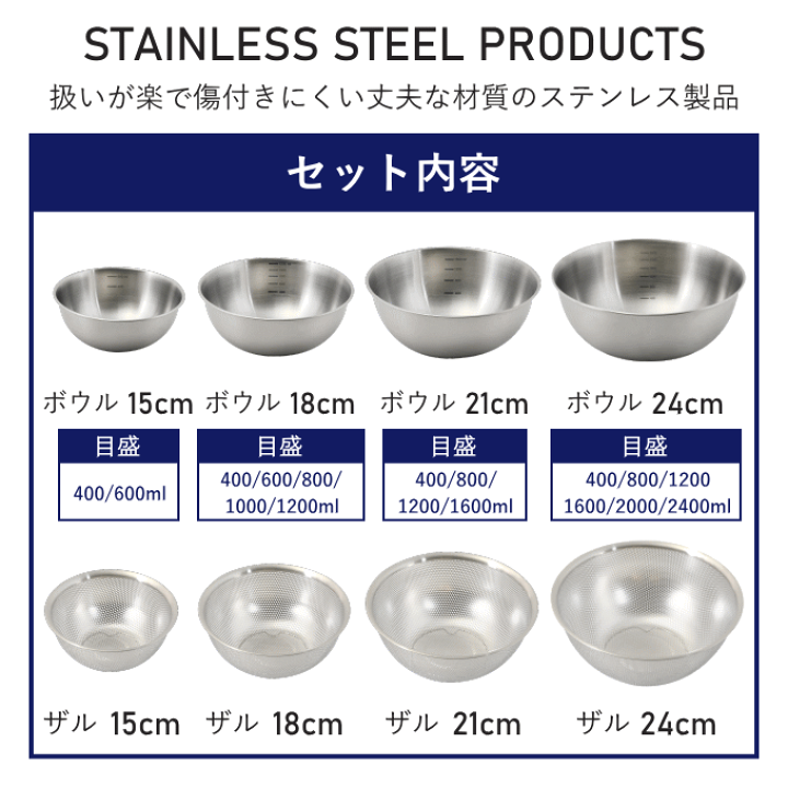 楽天市場】ボウル ザル セット ステンレス 15cm 18cm 21cm 24cm 食洗機