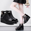サマーブーツ　ブーツサンダル　厚底サンダル　ブーティー　　ウェッジソール 　夏　シースルー　メッシュ　7センチヒール　透かし　レディース靴　後ろファスナー付き　25.5センチまで