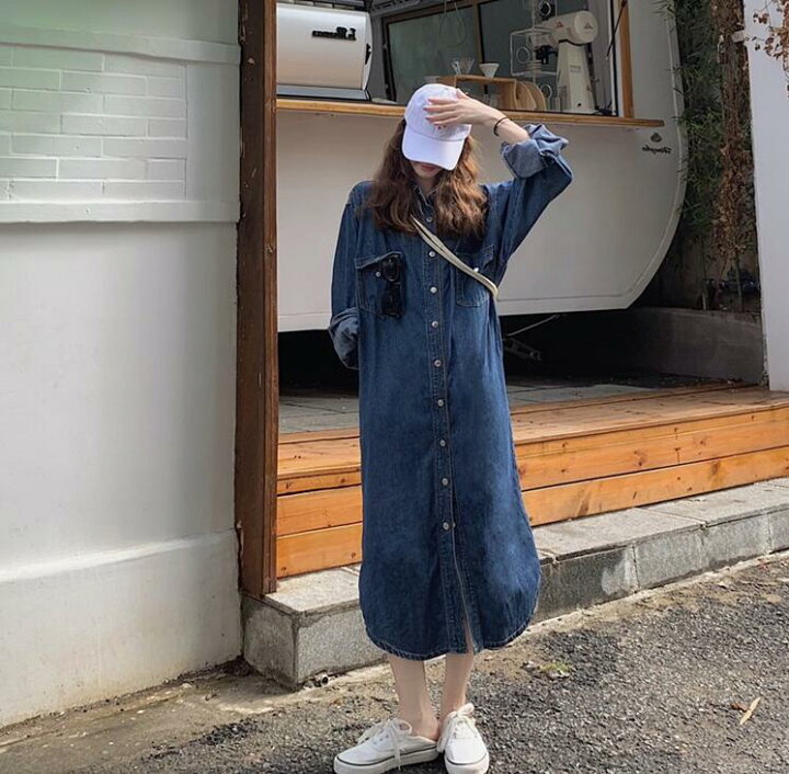 デニムワンピース デニムロングシャツ細身 着回し力抜群 デニムロング 