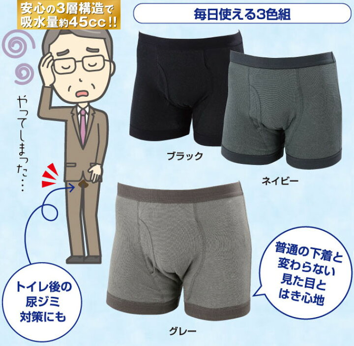 楽天市場】お尻まで安心ニットトランクス 3色組 男性用 尿漏れパンツ 